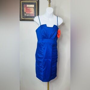 CINDY Collection Royal Blue Satin Spaghetti-Strap Ruched Mini Dress